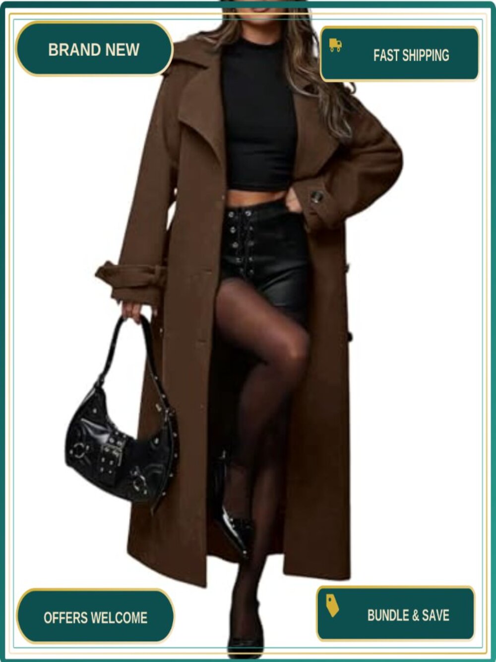 Wool Blend Maxi Trench Coat Oversized Notch Lapel Double Breasted Belted Winter